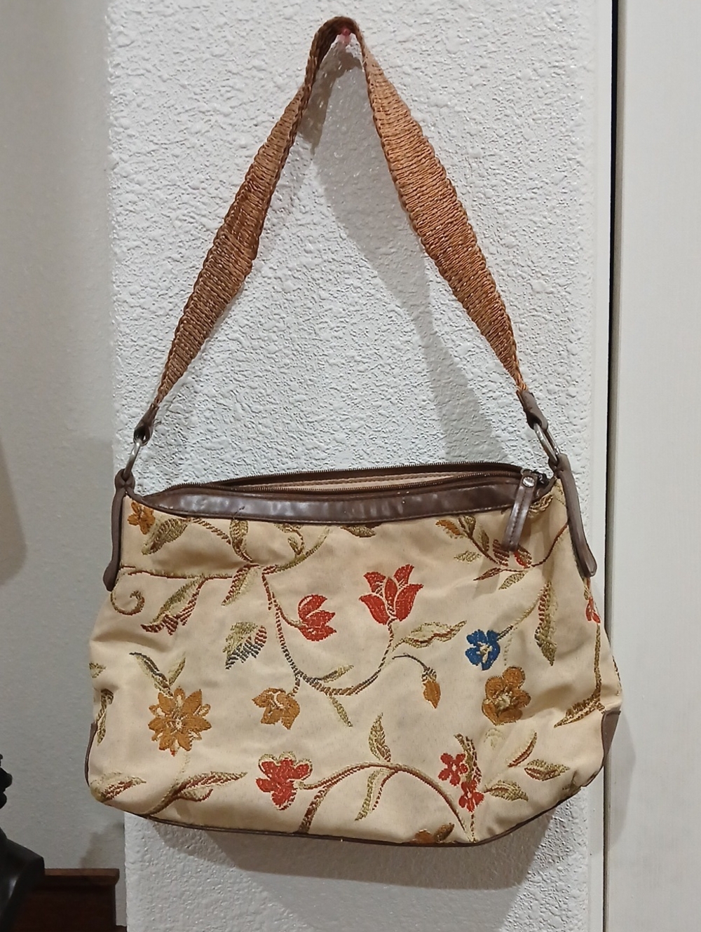 Relic Beige Floral Embroidered Shoulder Bag with Brown Trim